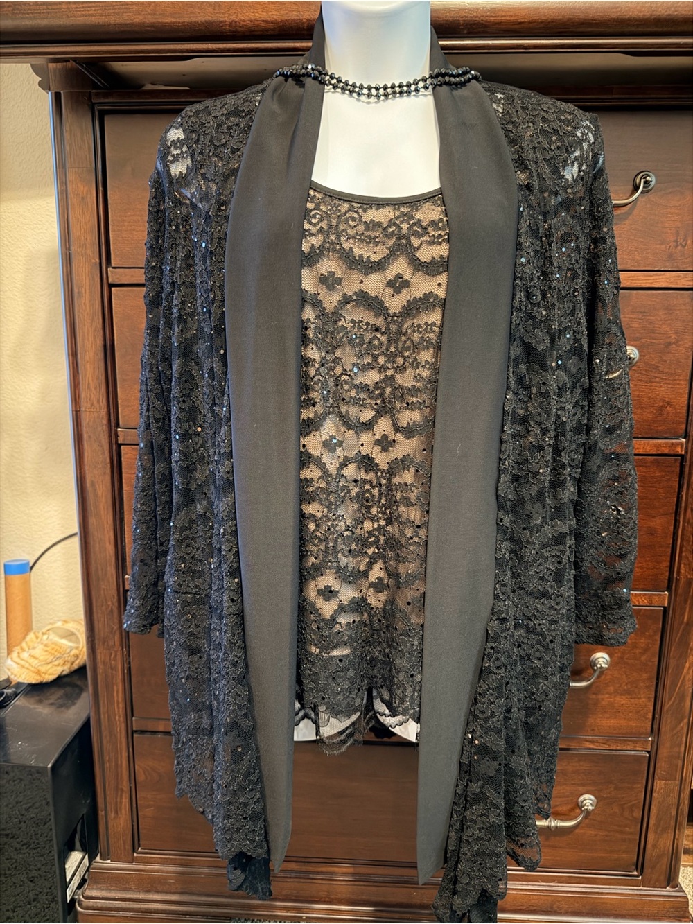 Avenue Black Lace Sequin Open-Front Cardigan 1 piece